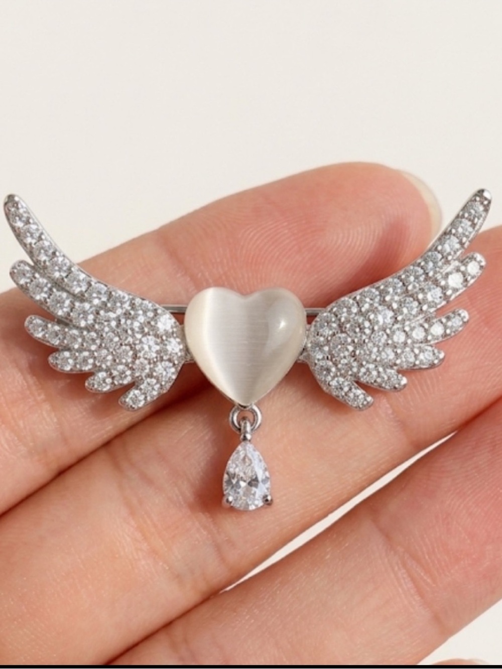 NWT Dainty Rhinestone Wing Brooch Pin Angelcore Crystal Heart Drop Dangle - Picture 7 of 7